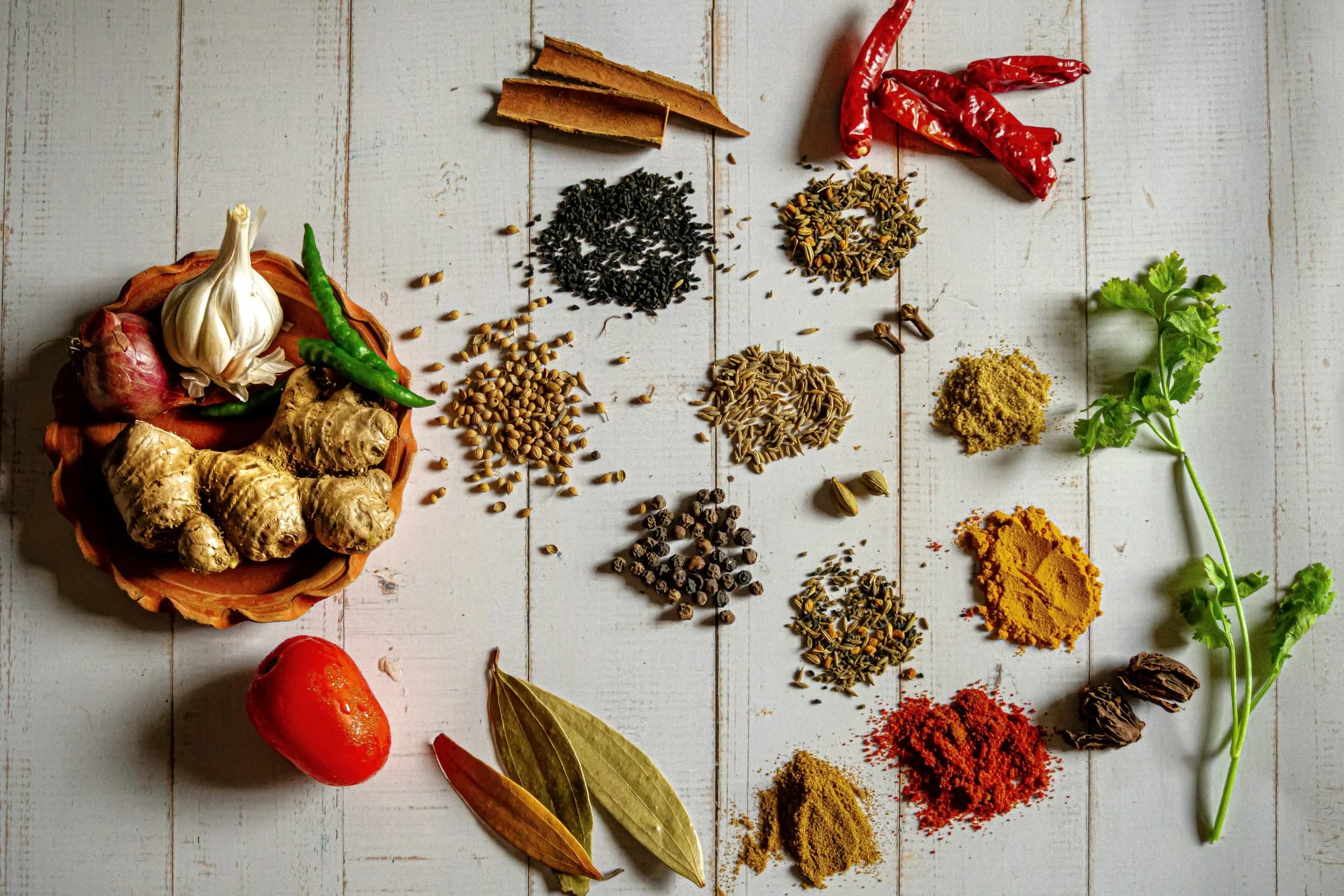 Indian spices arranged on a table — representative photo, not taken at Chaakoo — St Vincent Street