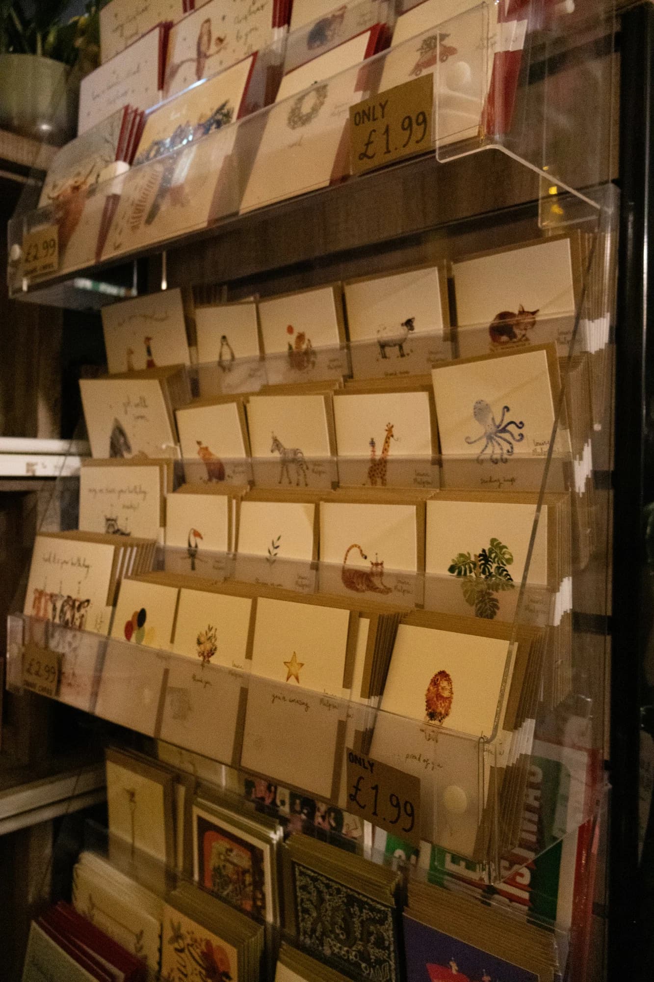 Display rack filled with assorted greeting cards. — representative photo, not taken at Clintons — St. Enoch