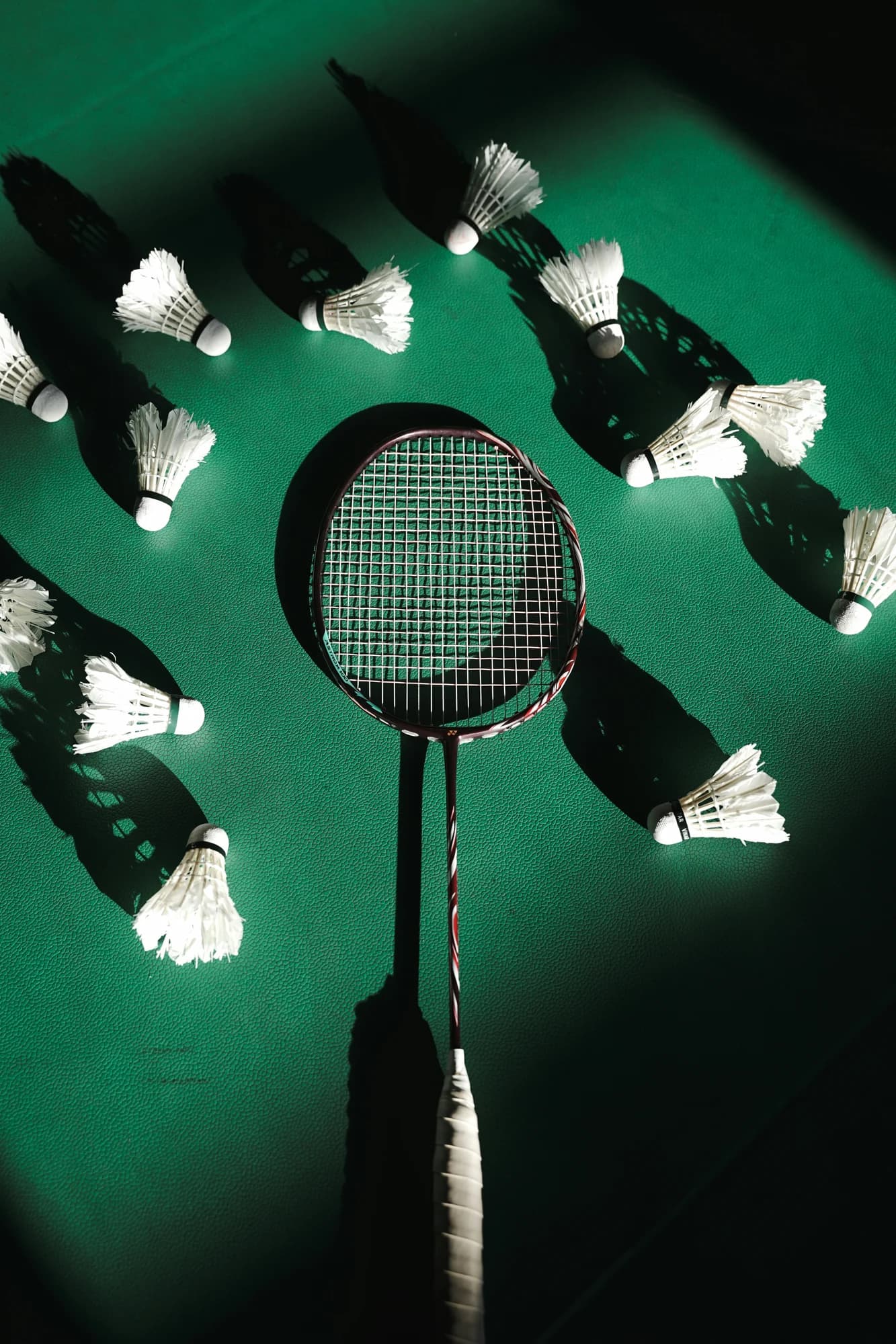 Badminton racket and shuttlecocks arranged on a green surface. — representative photo, not taken at Glasgow Club Scotstoun
