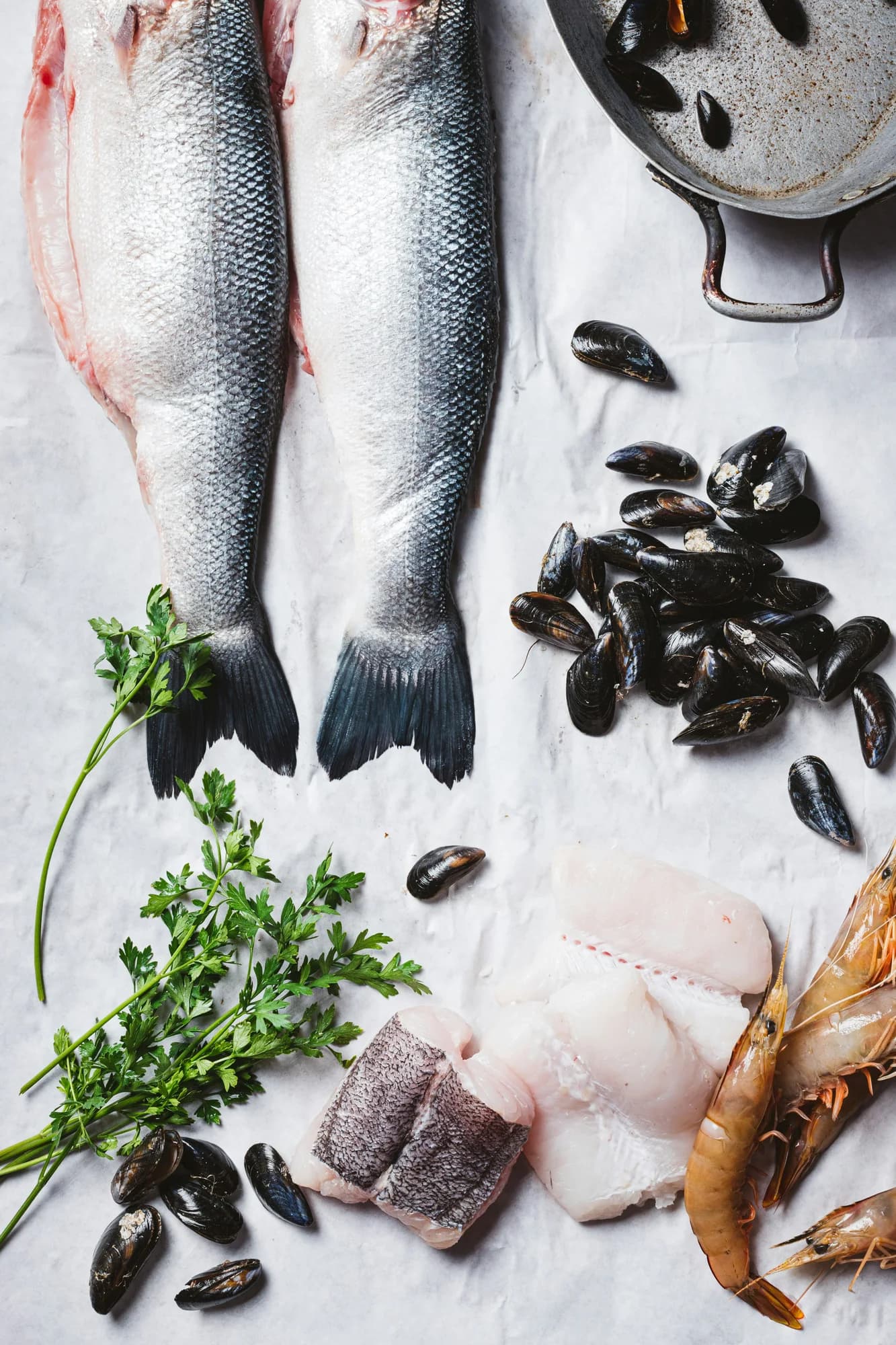 Fresh fish and seafood ingredients — representative photo, not taken at The Finnieston