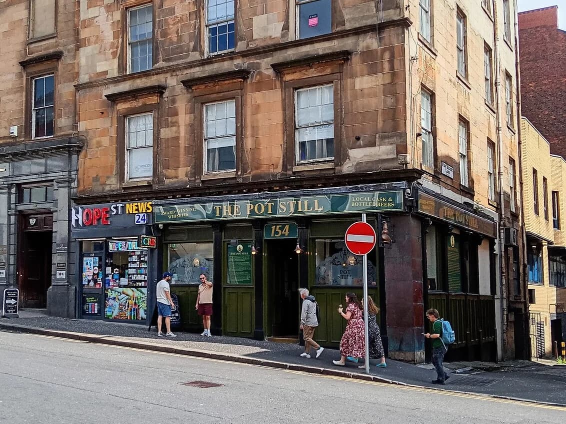 The Pot Still pub frontage on Hope Street, Glasgow