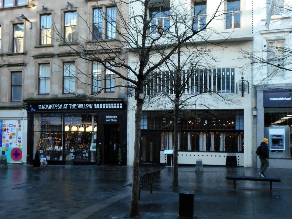 Mackintosh at the Willow tea rooms frontage on Sauchiehall Street, Glasgow